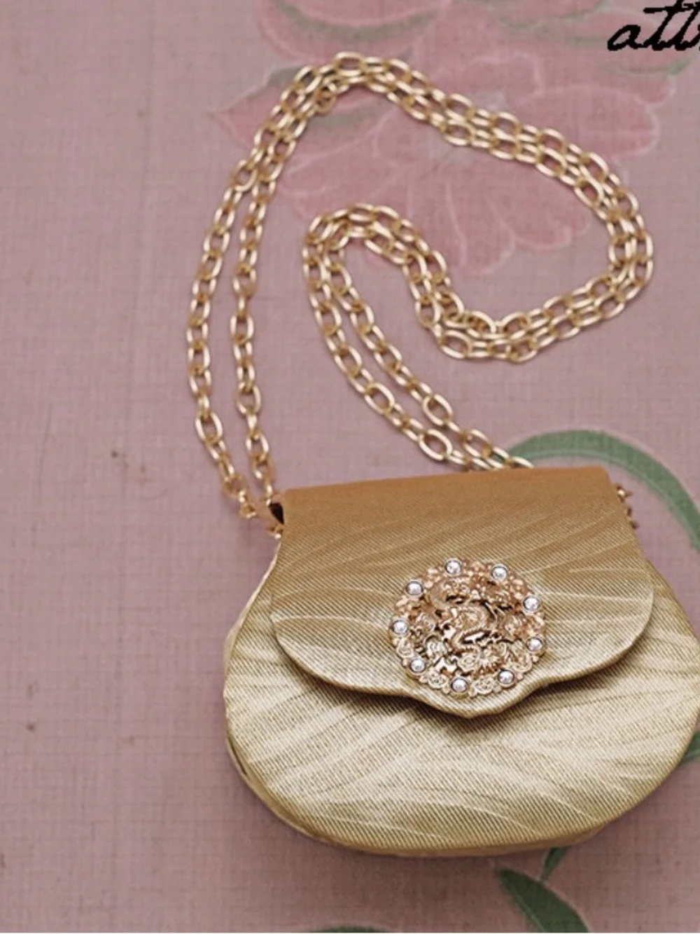 Gold Satin Mini Crossbody Bag with Decorative Medallion - Picture 2 of 6